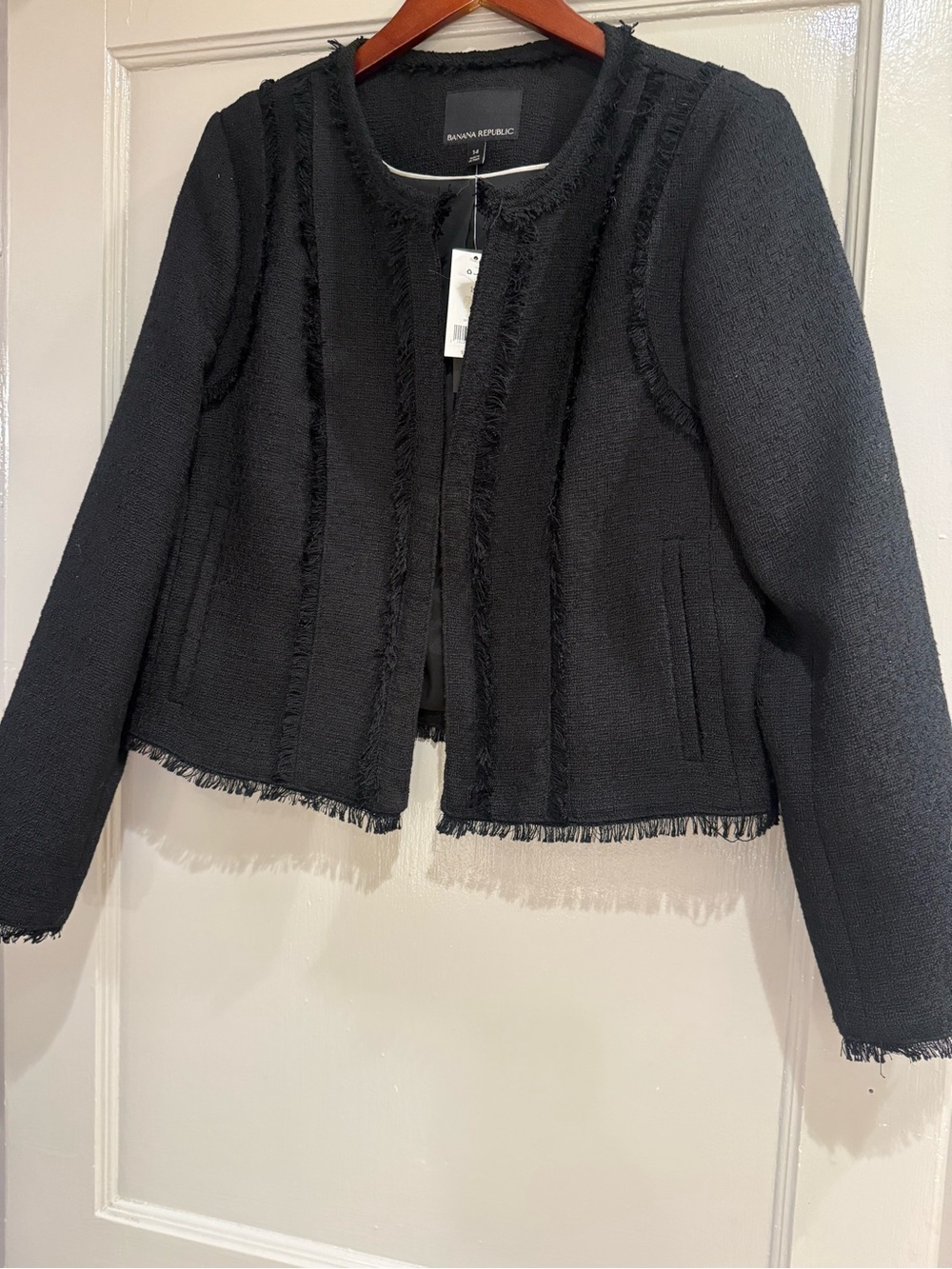 Banana Republic Black Collarless Frayed-Trim Black Tweed Jacket Size 14 NWT